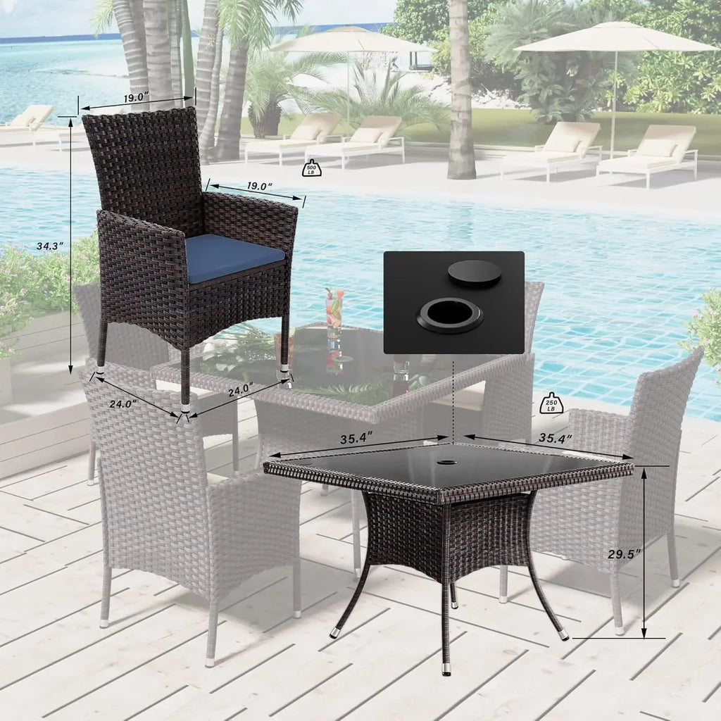 Rattan Dining Set With Glass Top Tables And Umbrella Cutout