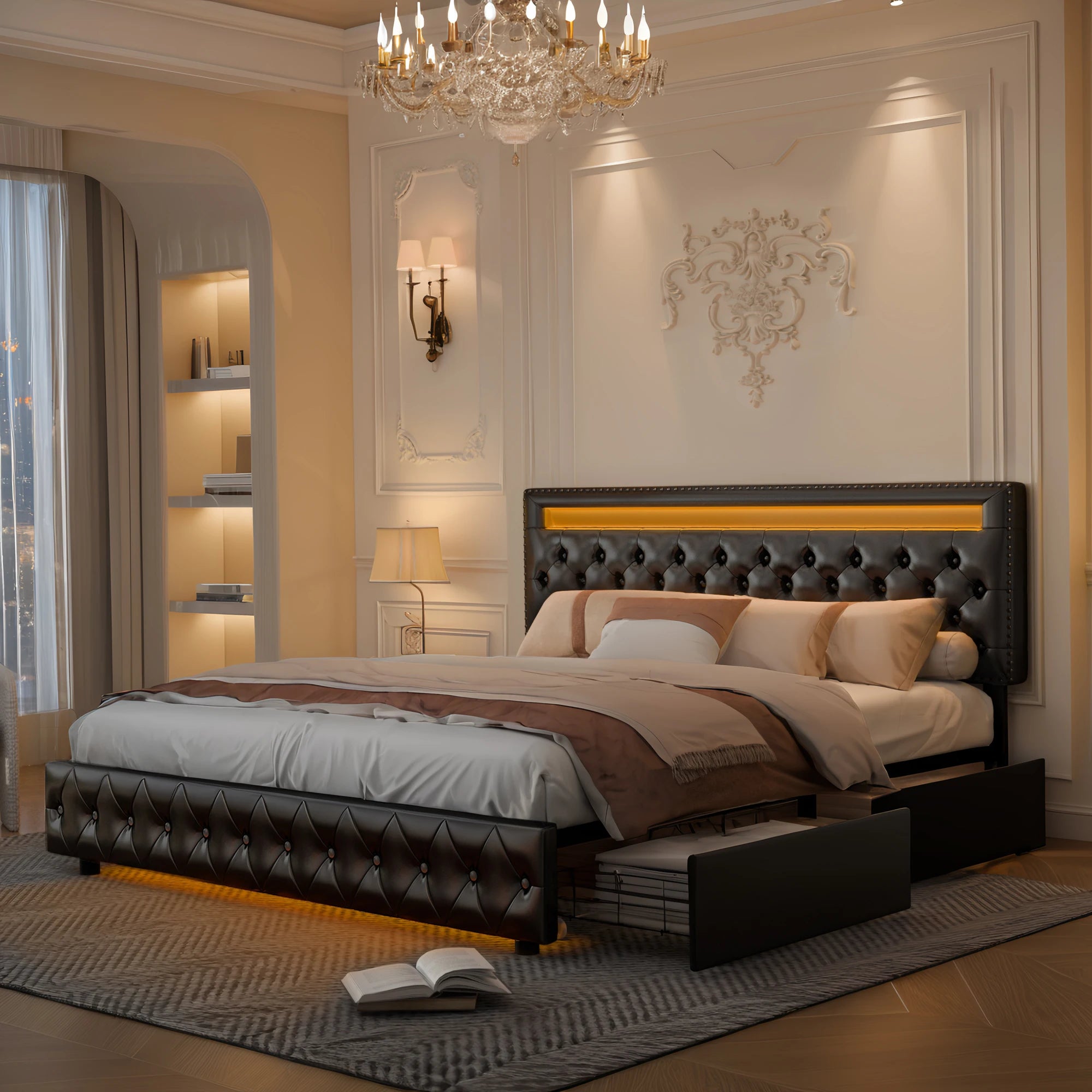 RGBW LED Bed Frame Storage Drawers And Adjustable Headboard