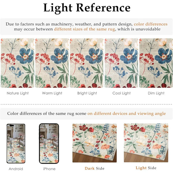 Floral Bohemian Area Rug Washable Non Slip Low Pile Carpet