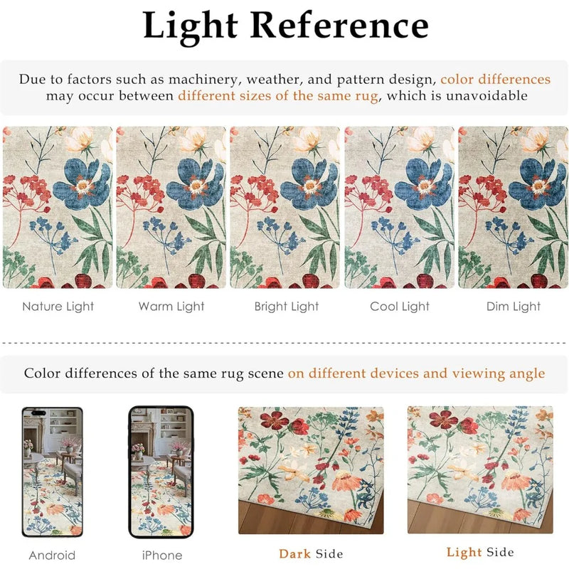 Floral Bohemian Area Rug Washable Non Slip Low Pile Carpet