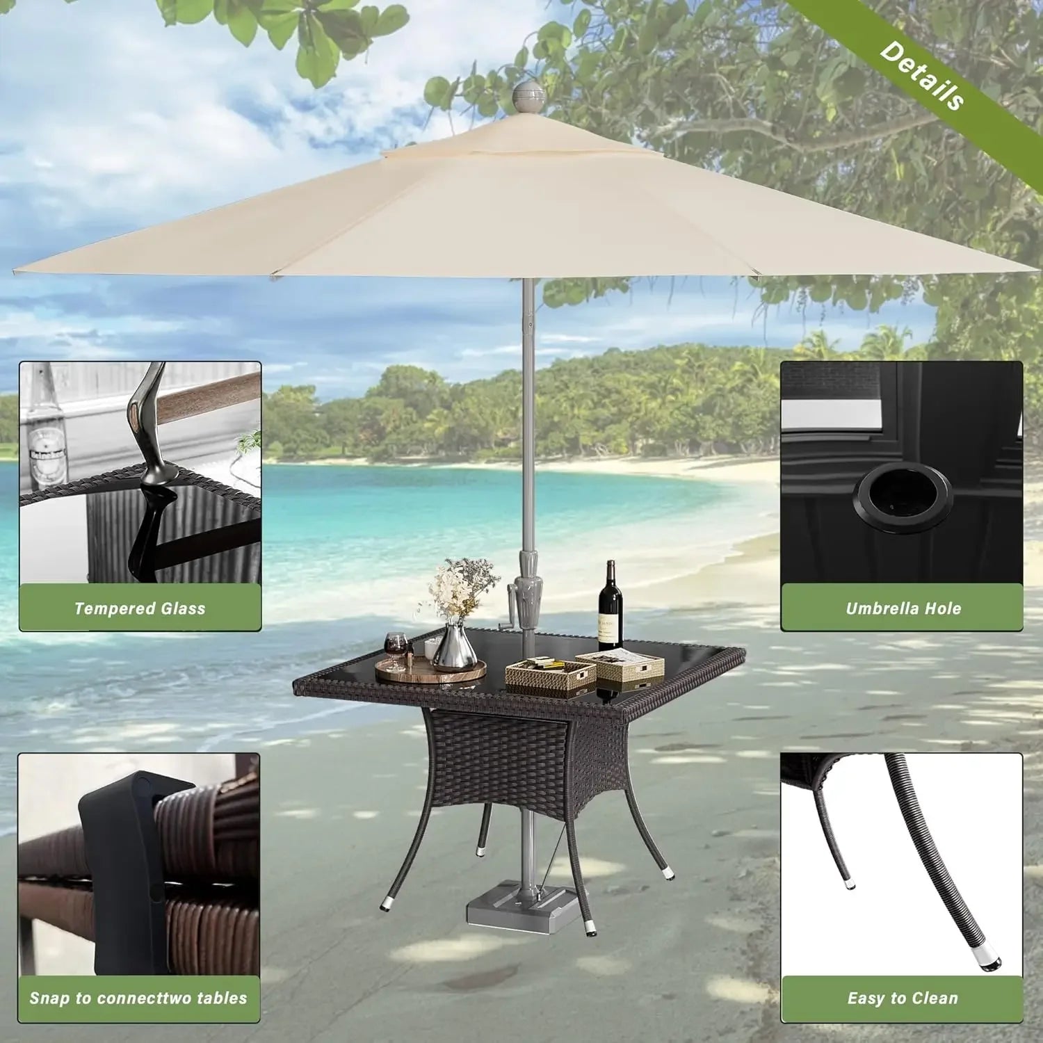 Rattan Dining Set With Glass Top Tables And Umbrella Cutout