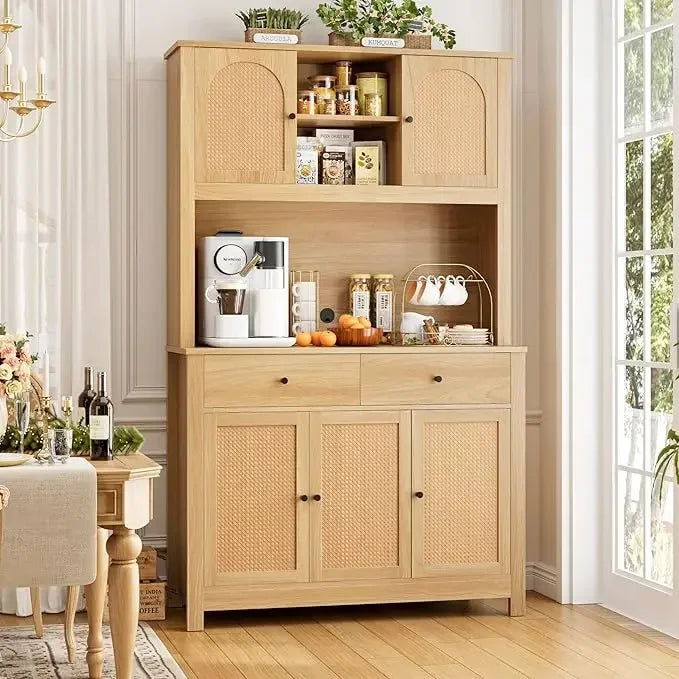 Modern Kitchen Hutch With Rattan Doors And Microwave Stand