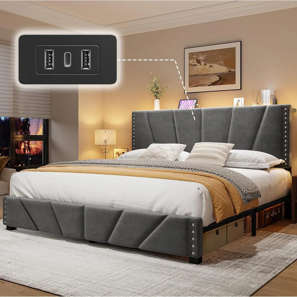 EnHomee Bed Frame With Velvet Headboard LED Lights Storage