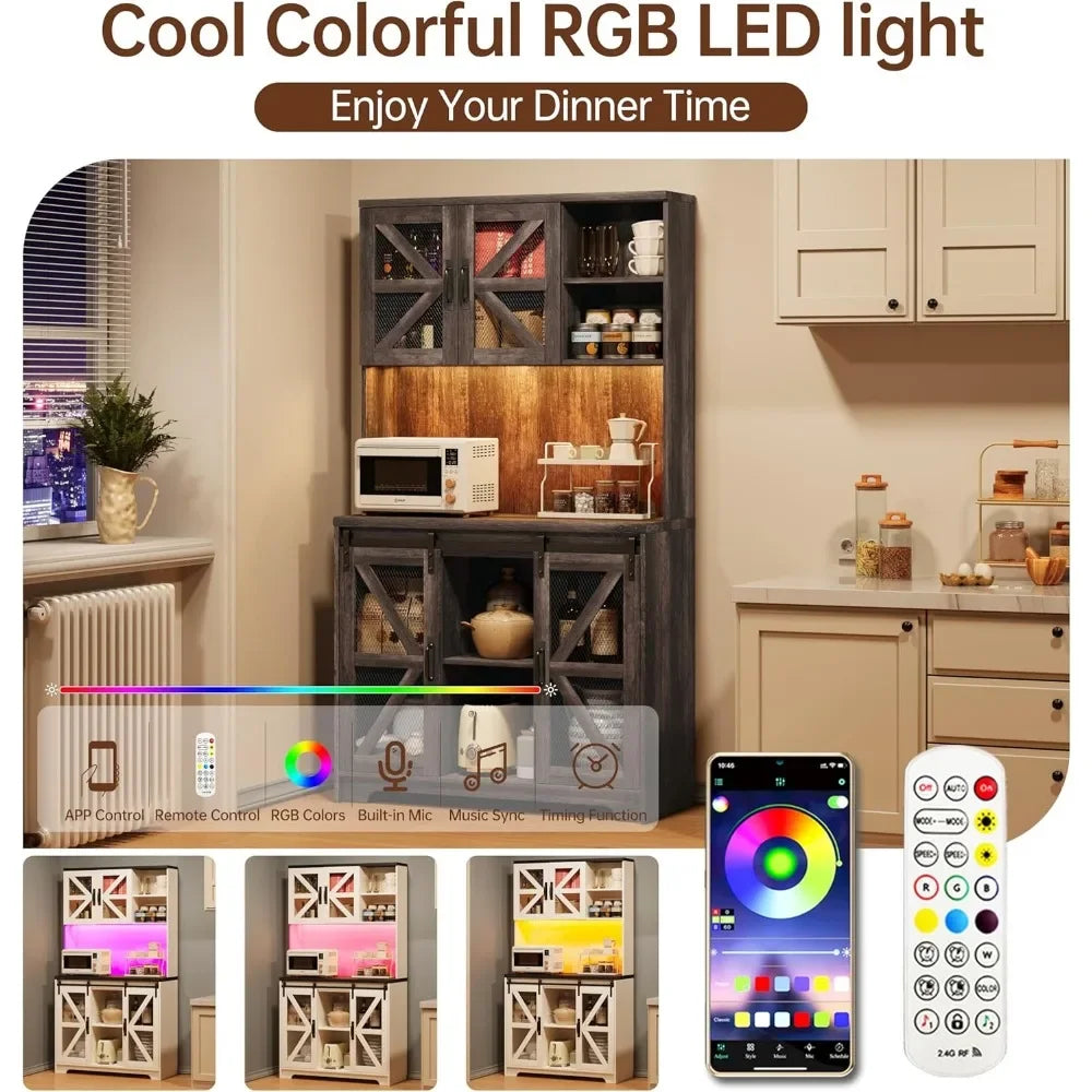 Freestanding Kitchen Pantry Hutch With Led Lights And Outlet