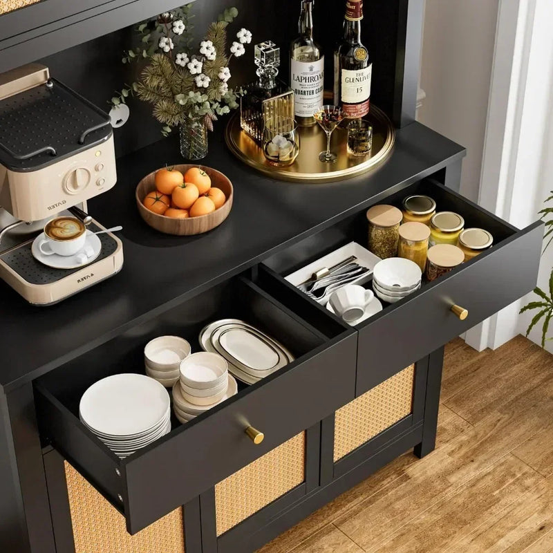 Modern Kitchen Hutch With Rattan Doors And Microwave Stand