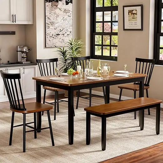 Modern Solid Wood Dining Set With Bench And Windsor Chairs