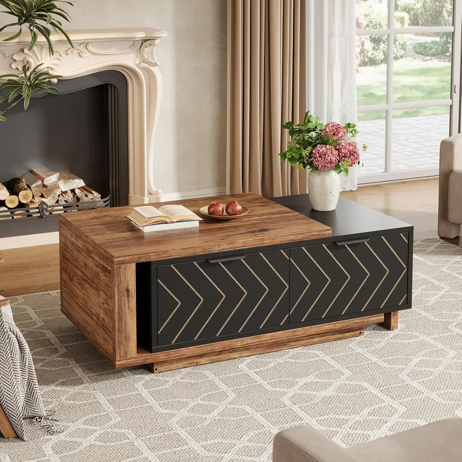 Extendable Coffee Table With Dual Tone Storage Drawers