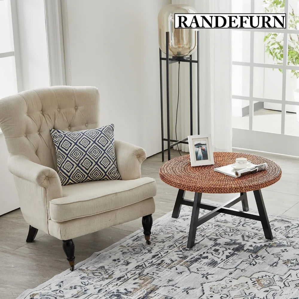 Round Seagrass Coffee Table With Pine Wood X Base Modern