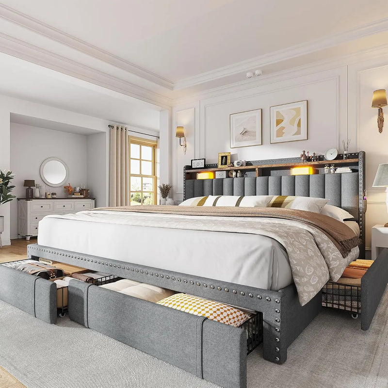 Upholstered Bed Frame With Storage Drawers And Shelves