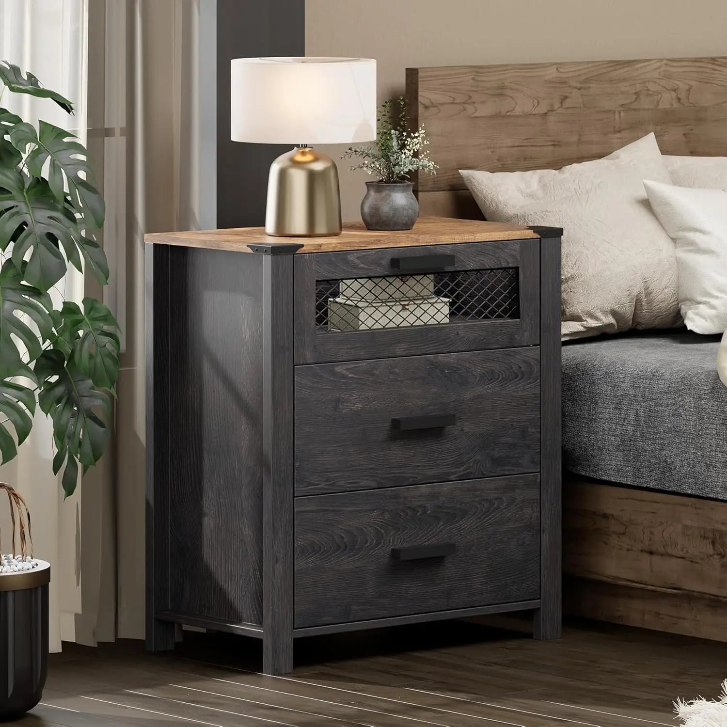 Three Drawer Nightstand With Storage For Bedroom Use