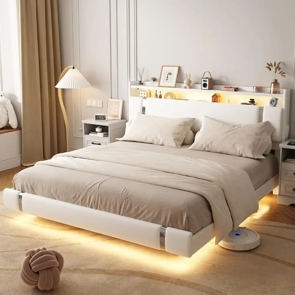 Floating Bed Frame With LED Charging Storage Headboard