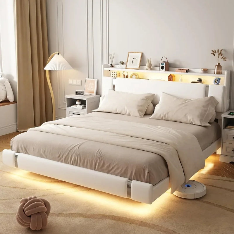 Floating Bed Frame With LED Charging Storage Headboard