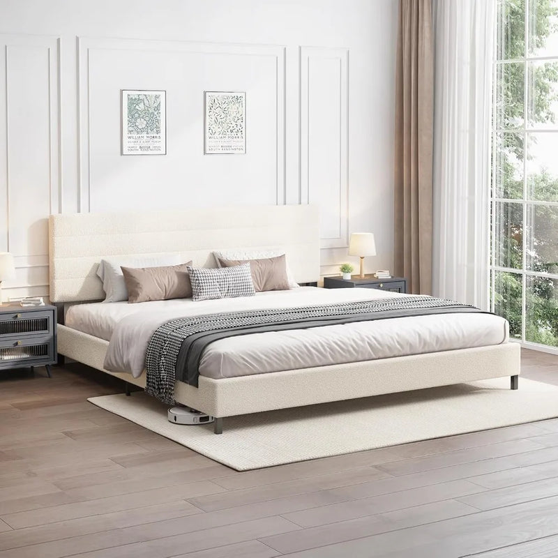 Modern Sherpa Upholstered Bed Frame with Adjustable Headboard