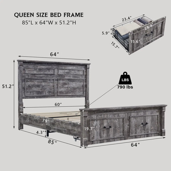 Farmhouse Wood Bed Frame With Tall Headboard And Storage