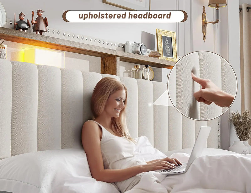 Upholstered Bed Frame With Storage Drawers And Shelves