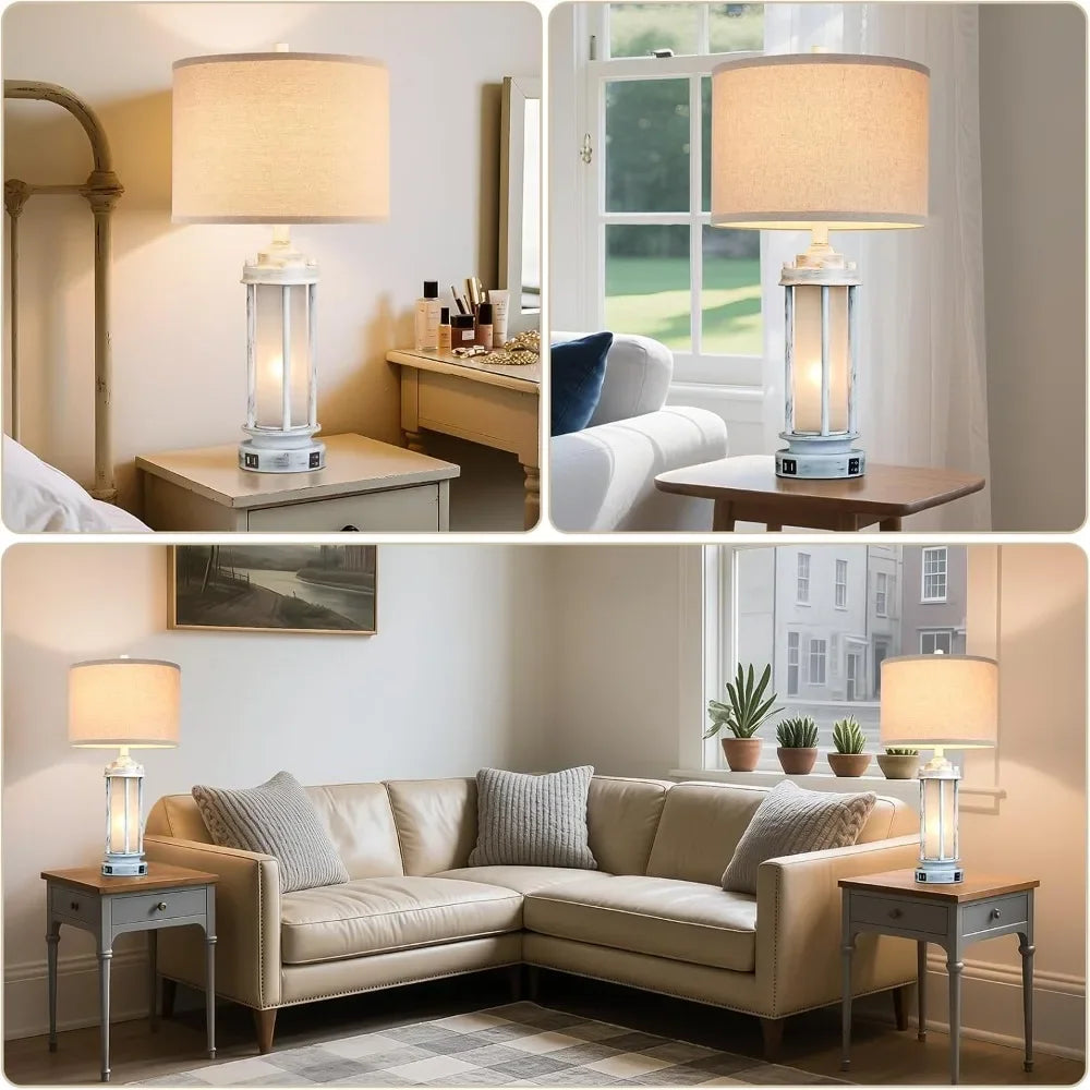 Rustic Farmhouse Table Lamps Set Of 2 With USB Ports