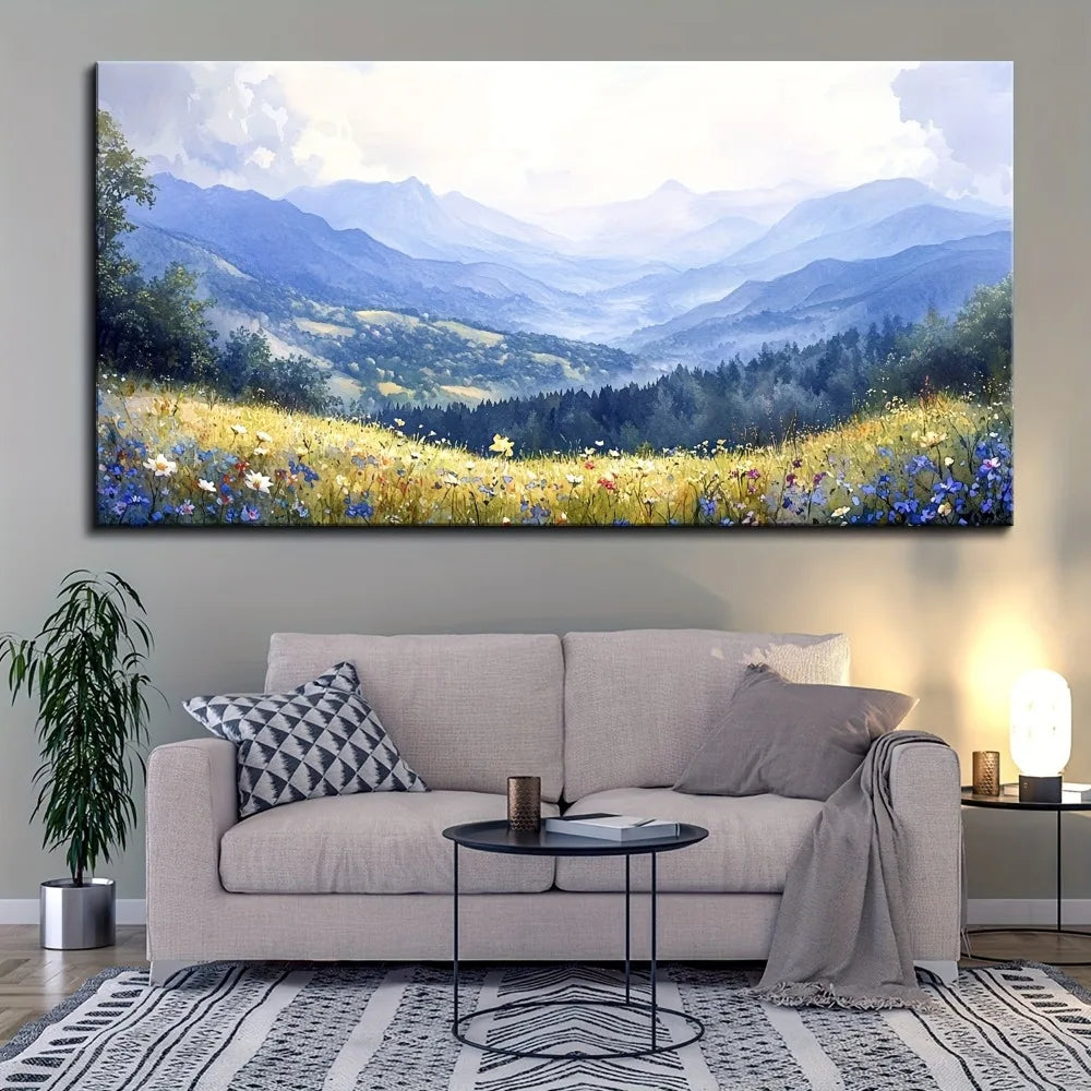 Mirrors and Frames/1.5 inch thick pine solid wood frame, forest fresco scenery, mist filled nature paintings, modern indigo green scenery