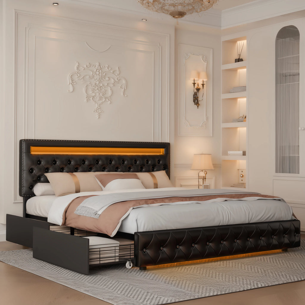RGBW LED Bed Frame Storage Drawers And Adjustable Headboard
