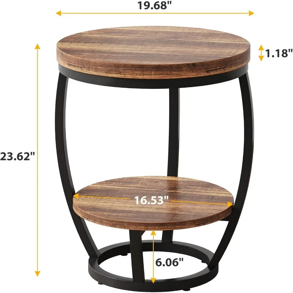 Round End Table Two Tier Metal Frame With Storage Shelves
