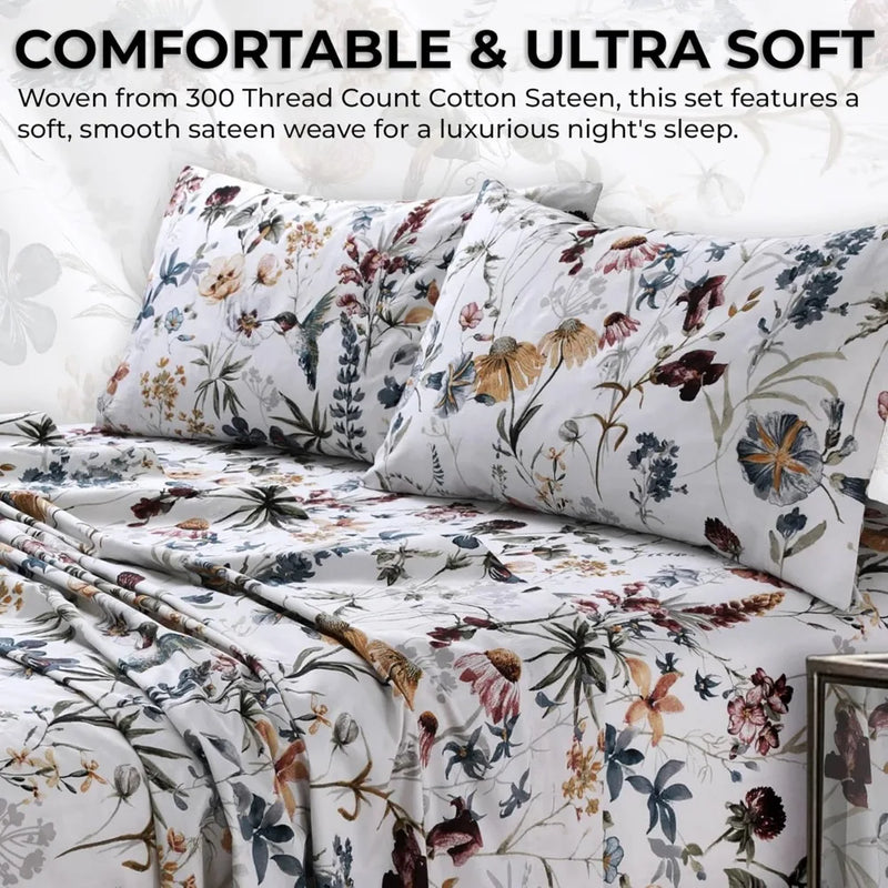 Tribeca Living Cotton Sateen Floral Sheet Set With Pockets