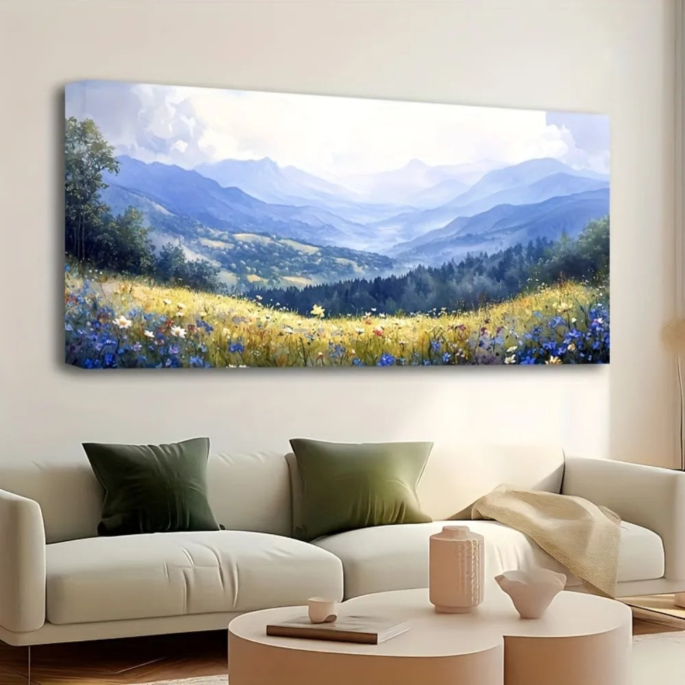 Mirrors and Frames/1.5 inch thick pine solid wood frame, forest fresco scenery, mist filled nature paintings, modern indigo green scenery