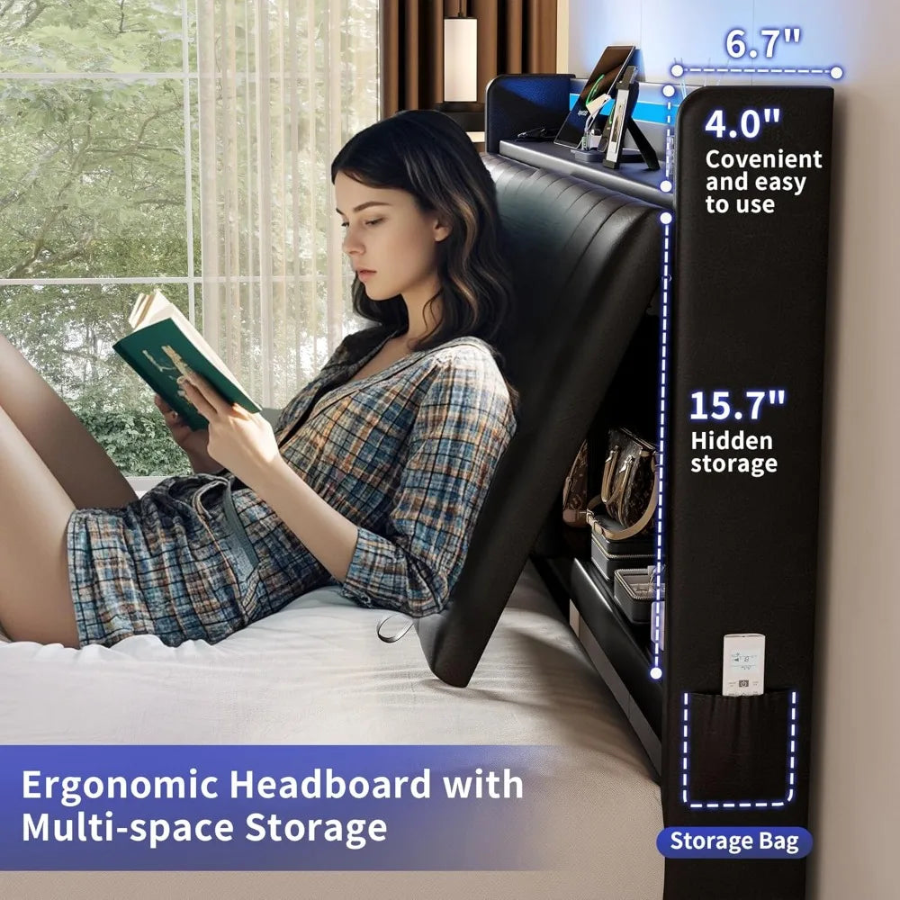 Floating Bed Frame With Storage Headboard And LED Lights