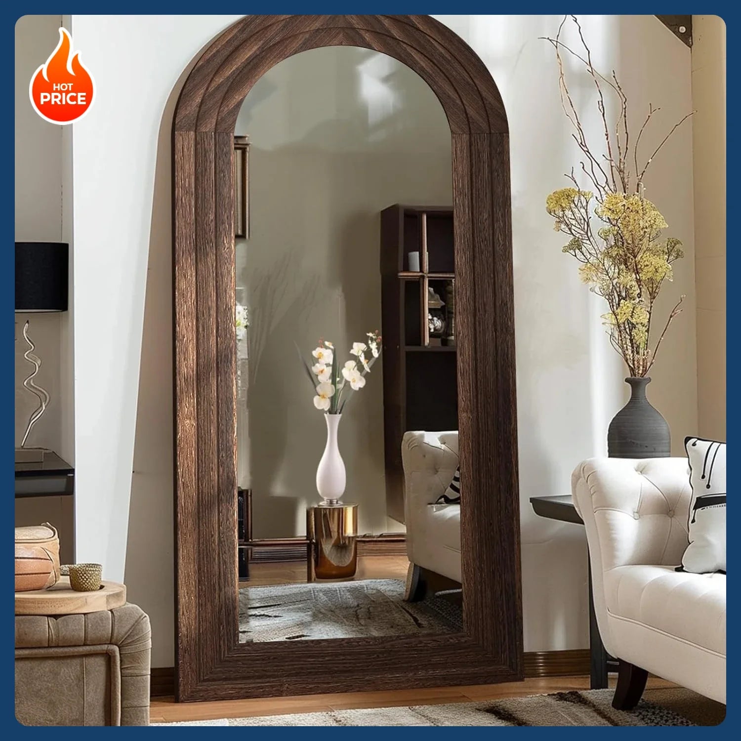 Arched full-length mirror with a dark solid wood frame, 71x32, farmhouse style.