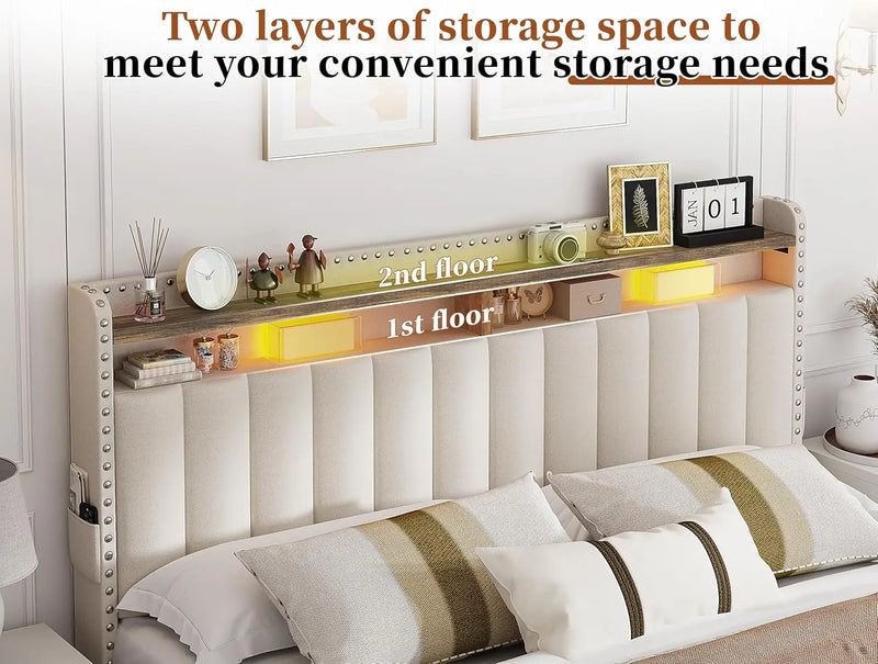 Upholstered Bed Frame With Storage Drawers And Shelves