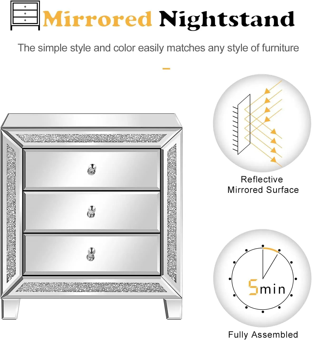 Modern mirrored bedside table with storage space