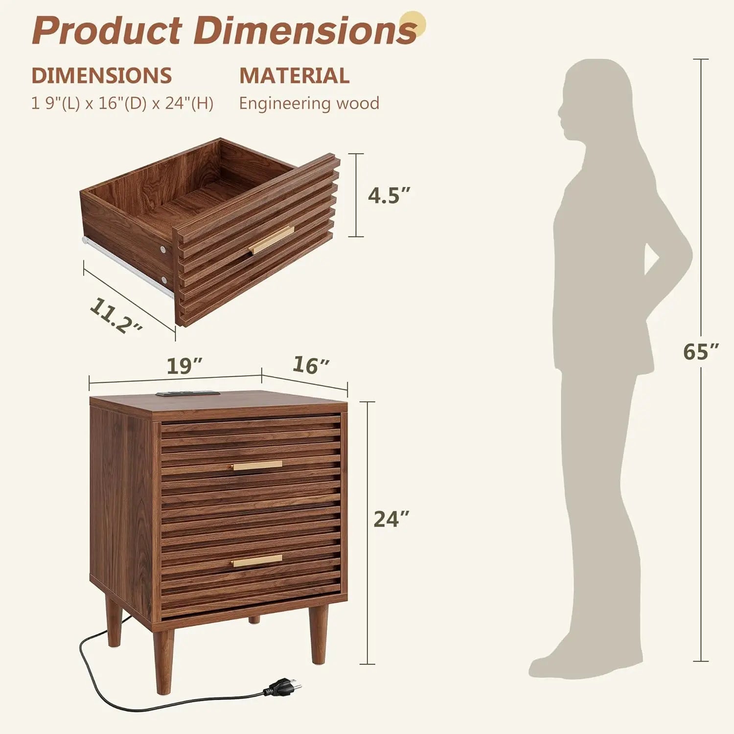 Premium Night Stand With USB Charging Station Set Of Two