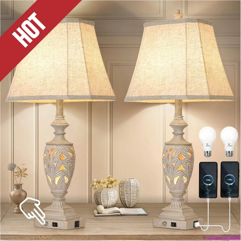 Touch Control Traditional Table Lamp Set With USB Ports