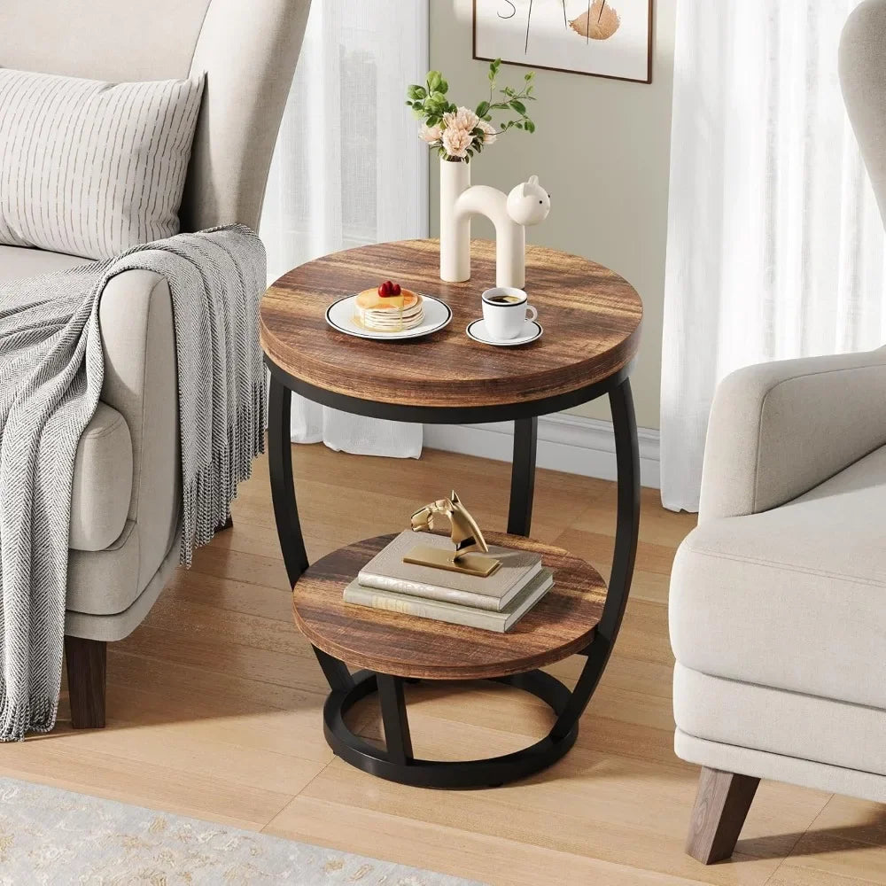 Round End Table Two Tier Metal Frame With Storage Shelves