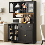 Kitchen Pantry Cabinet With Microwave Shelf And LED Light