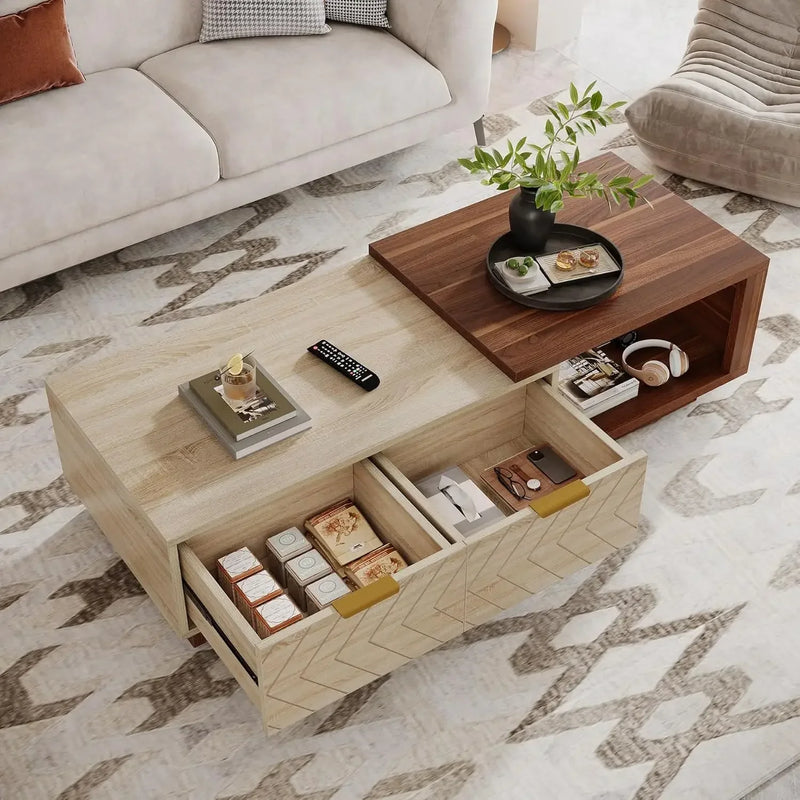 Extendable Coffee Table With Dual Tone Storage Drawers