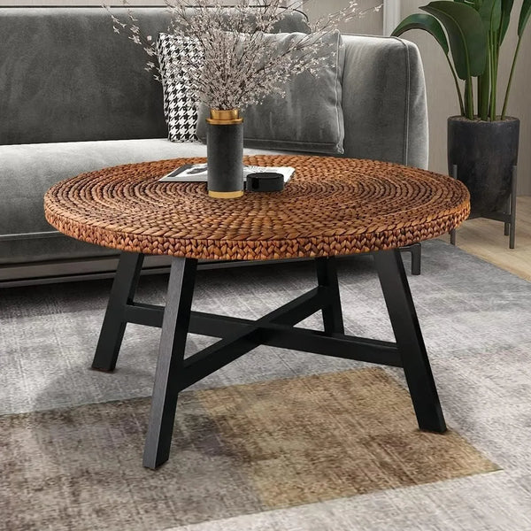 Round Seagrass Coffee Table With Pine Wood X Base Modern