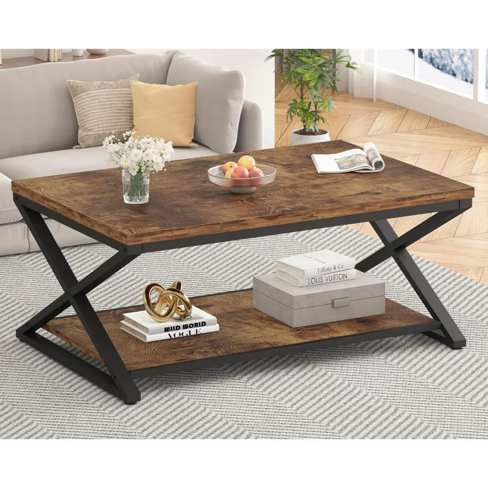 Wood Coffee Table With Storage For Living Room Farmhouse