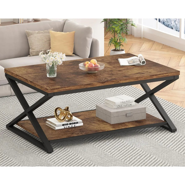 Wood Coffee Table With Storage For Living Room Farmhouse