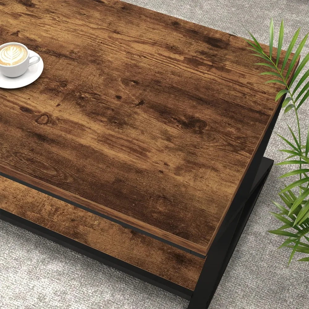 Wood Coffee Table With Storage For Living Room Farmhouse