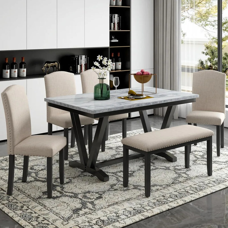 Solid Wood Faux Marble Dining Table Set With Bench