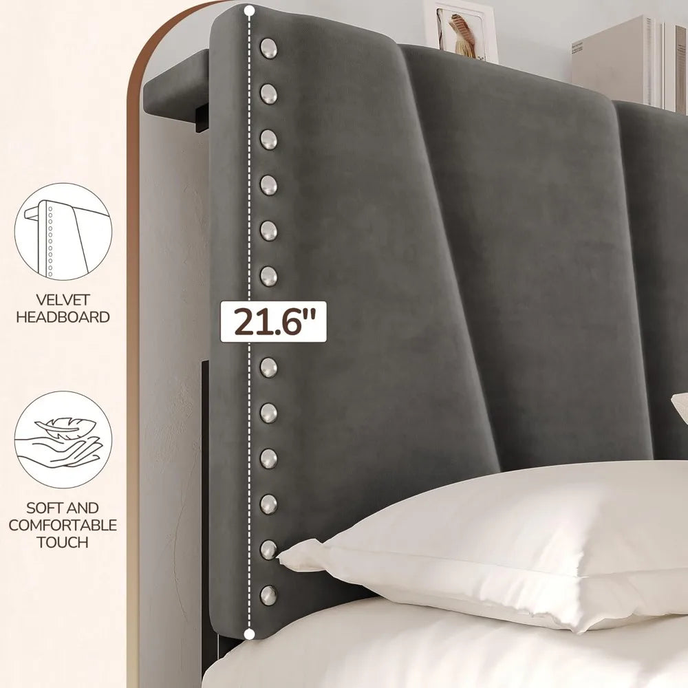 EnHomee Bed Frame With Velvet Headboard LED Lights Storage