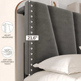 EnHomee Bed Frame With Velvet Headboard LED Lights Storage