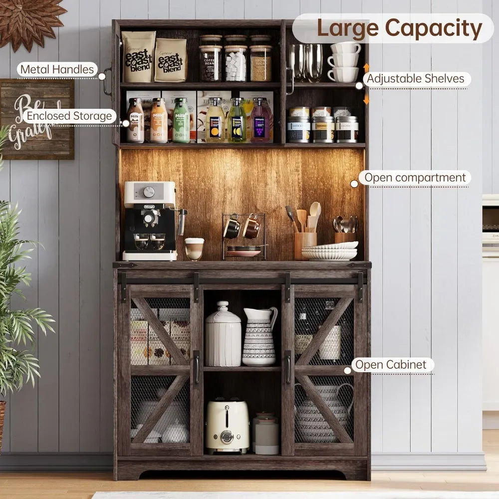 Freestanding Kitchen Pantry Hutch With Led Lights And Outlet