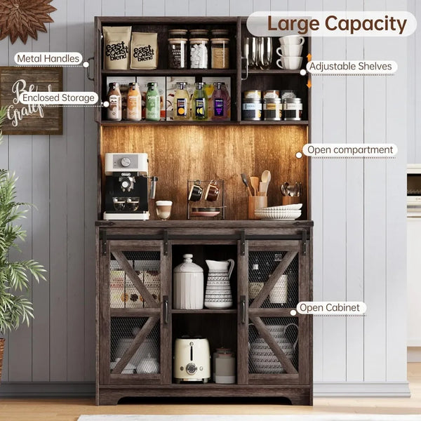 Freestanding Kitchen Pantry Hutch With Led Lights And Outlet