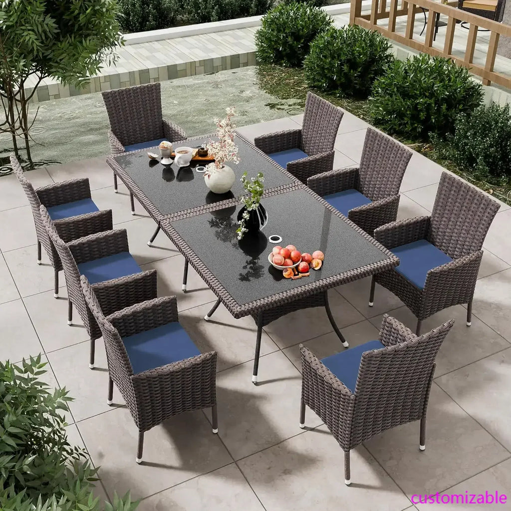Rattan Dining Set With Glass Top Tables And Umbrella Cutout