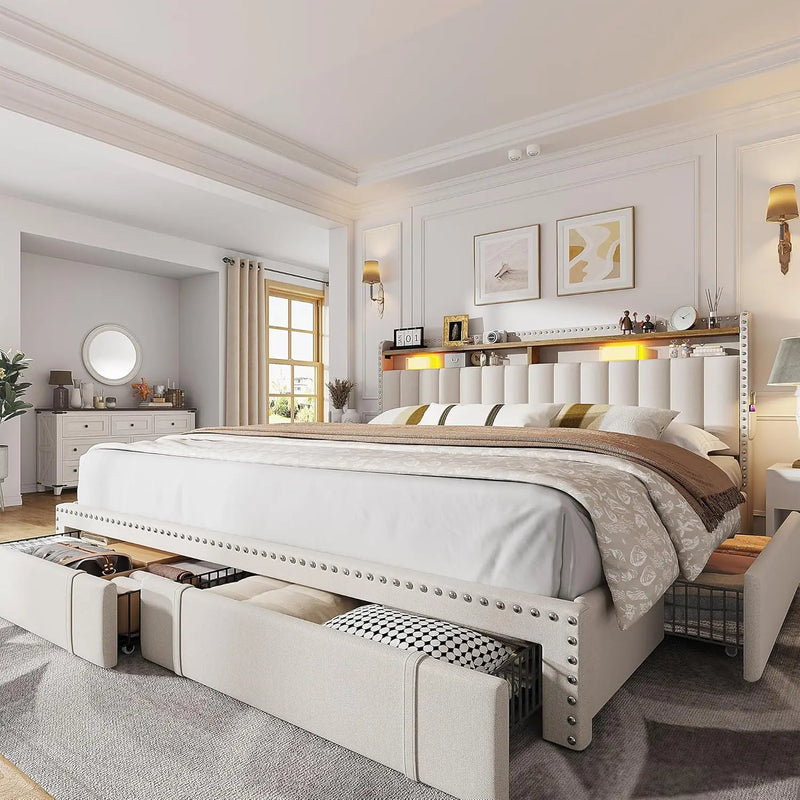 Upholstered Bed Frame With Storage Drawers And Shelves