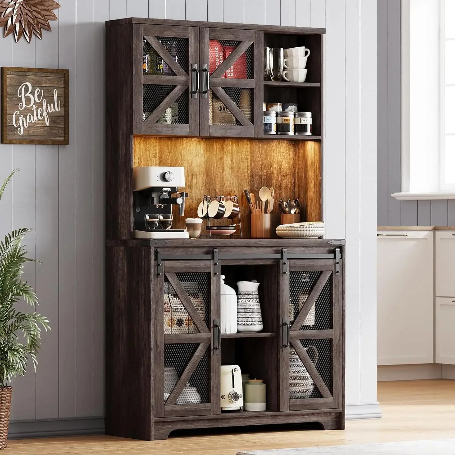 Freestanding Kitchen Pantry Hutch With Led Lights And Outlet