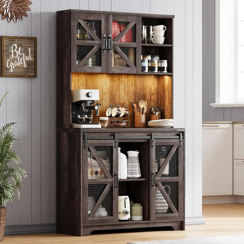 Freestanding Kitchen Pantry Hutch With Led Lights And Outlet