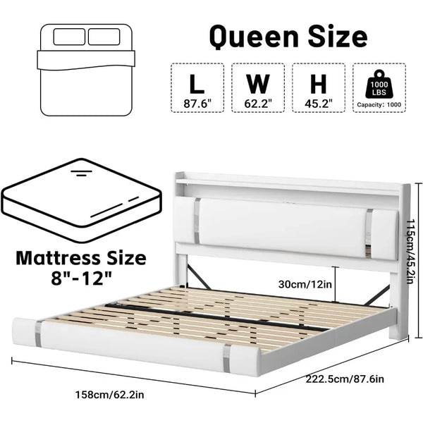 Floating Bed Frame With LED Charging Storage Headboard