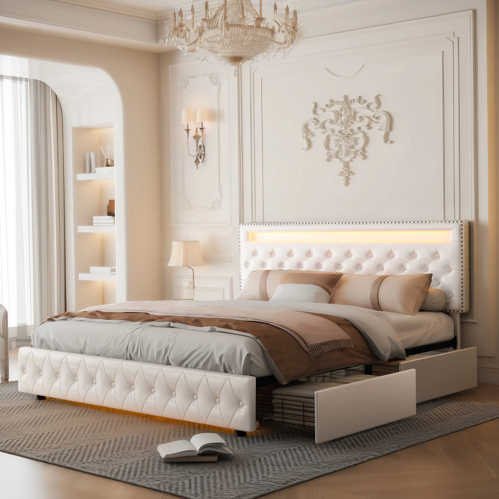 RGBW LED Bed Frame Storage Drawers And Adjustable Headboard