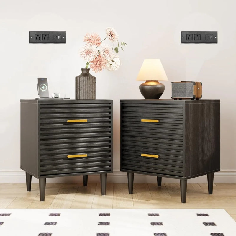 Modern nightstand set with charging station and drawers